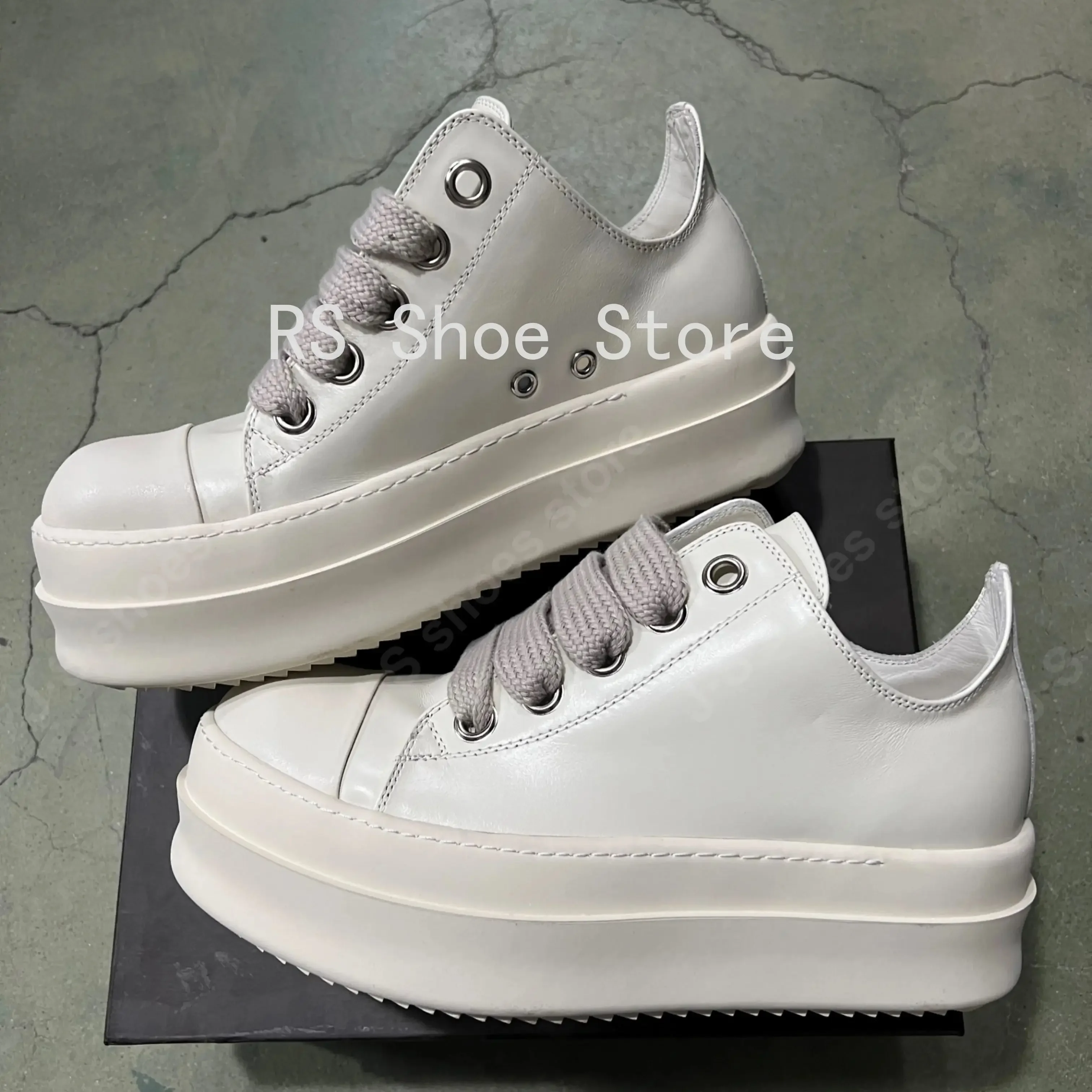 

Ro Designer Boots Men Sneaker Women Ivory White Leather Shoes Jumbo Laces Platform 6cm Thick Sole Low Top Casual Shoe