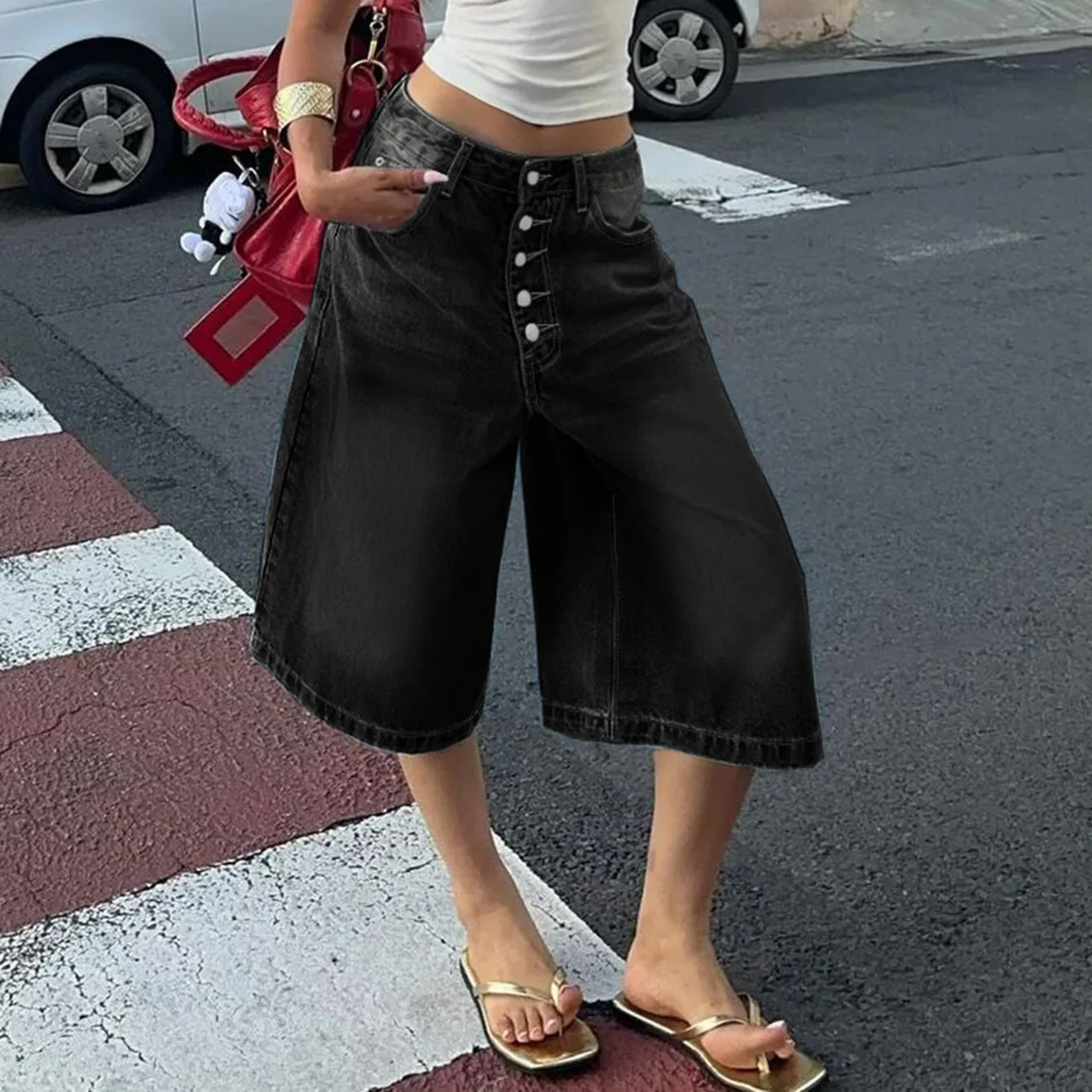 

Loose Women's Denim Shorts Multi-Button Versatile Mid-Length Straight Leg Jeans Casual Comfortable Low Waist Denim Skinnies