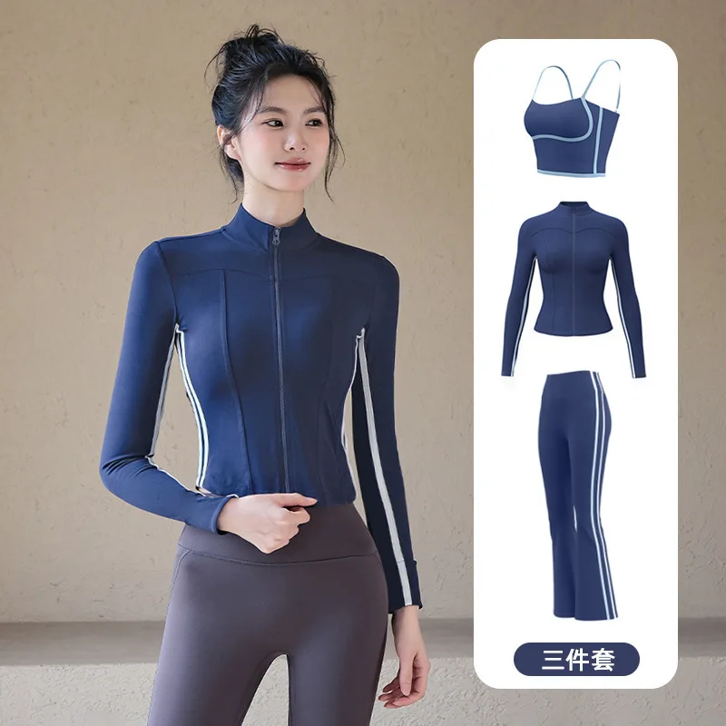 

Women's Color Block Yoga Set Slim Stand Collar Jacket Sports Bra Leggings Fall Gym Workout Activewear
