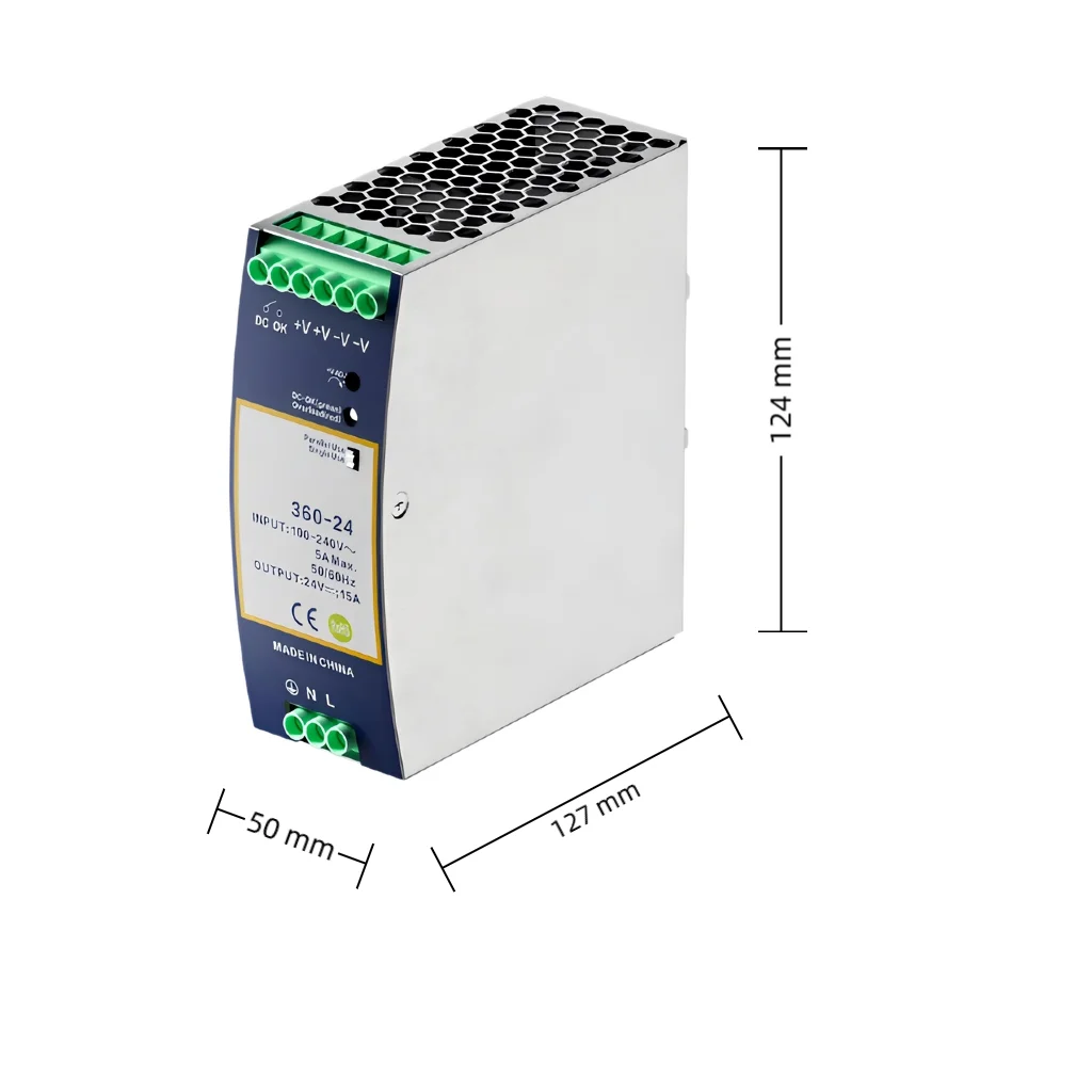 360W 48V 7.5A Single Output DIN Rail Power Supply Current Sharing for N+1 Redundancy Active PFC 93% Efficiency Industrial Grade