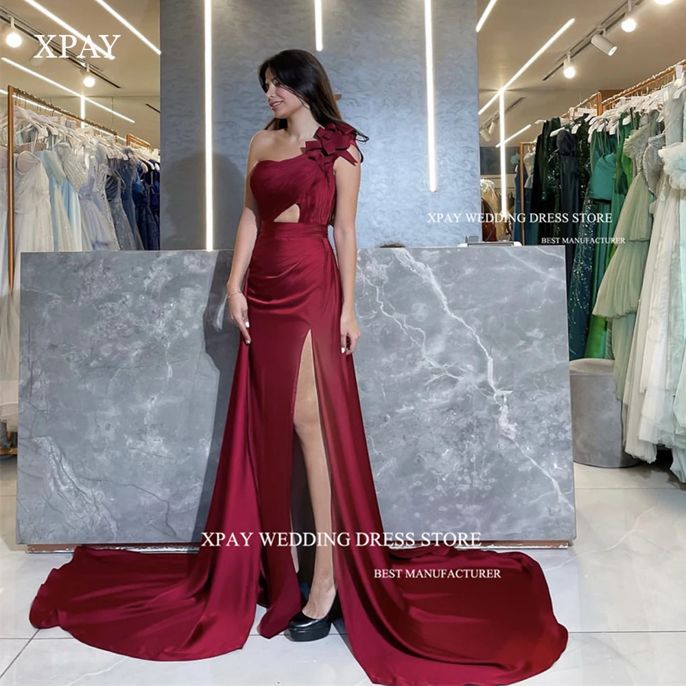 

XPAY One Shoulder Burgunday Long Prom Dresses Dubai Arabic Women Split Evening Gowns Formal Party Celebrity Dress