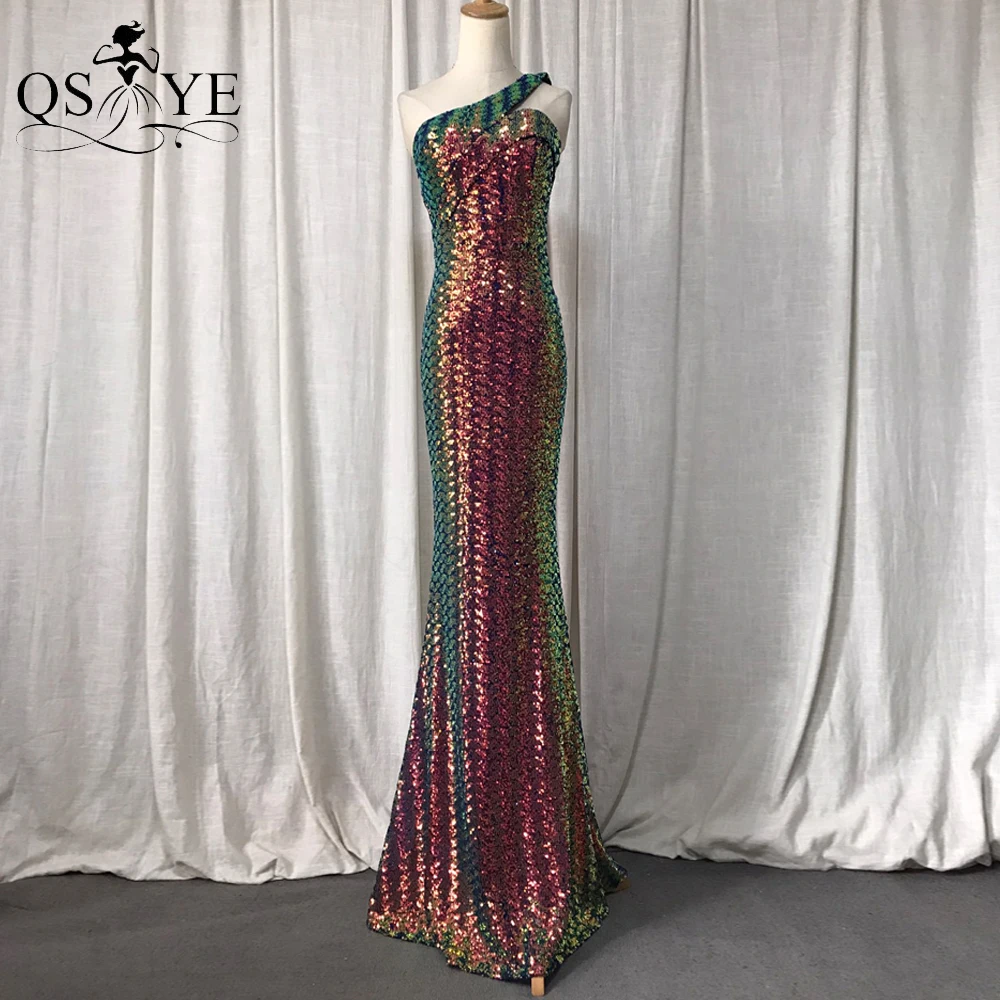 

Colorful Gold Prom Dresses One Shoulder Shiny Sequin Evening Gown Fit Mermaid Girl Party Dress Glitter Women Formal Gowns Chic