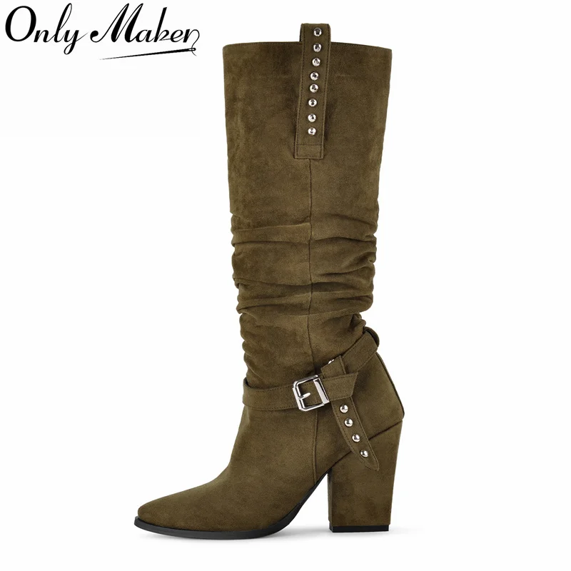 

Onlymaker Women Pointed Toe Pleated Faux Suede Western Knee High Boots Block Heel Pull On Slouchy Retro Cowboy Boots