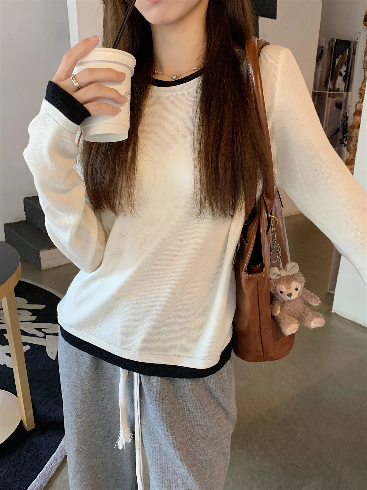Loose Fit Round Ne Knitted Long Sve Base Irt Women's Lazy Sweater Two-piece Soft Polyester Wool Blend Casual Top