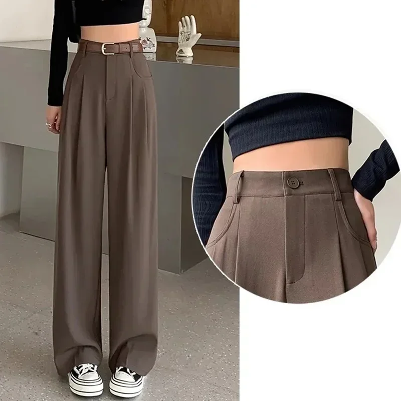 Frauen Mode Anzug Hosen Dame Atmungsaktive Baggy Hohe Taille Breite Bein Sommer Hosen Dame Gerade Bein Schwarz Kaffee Klassische Hosen – Detail 9