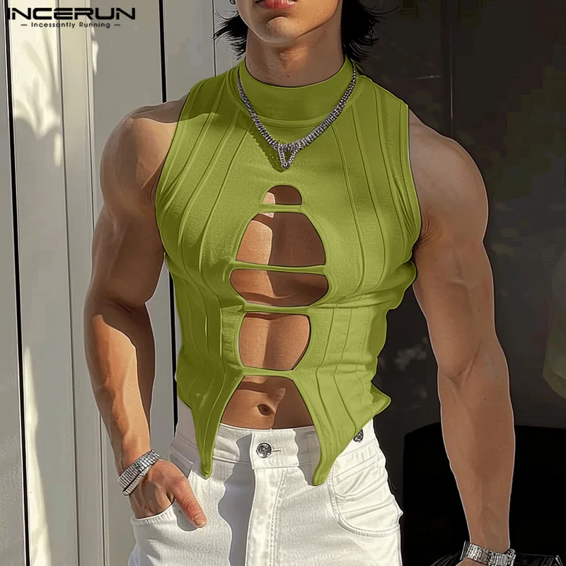 INCERUN Tops 2024 American Style Men's Hollow Semi High Neck Knitted Vests Fashion Sexy Male Hot Sale Sleeveless Tank Tops S-5XL image 3