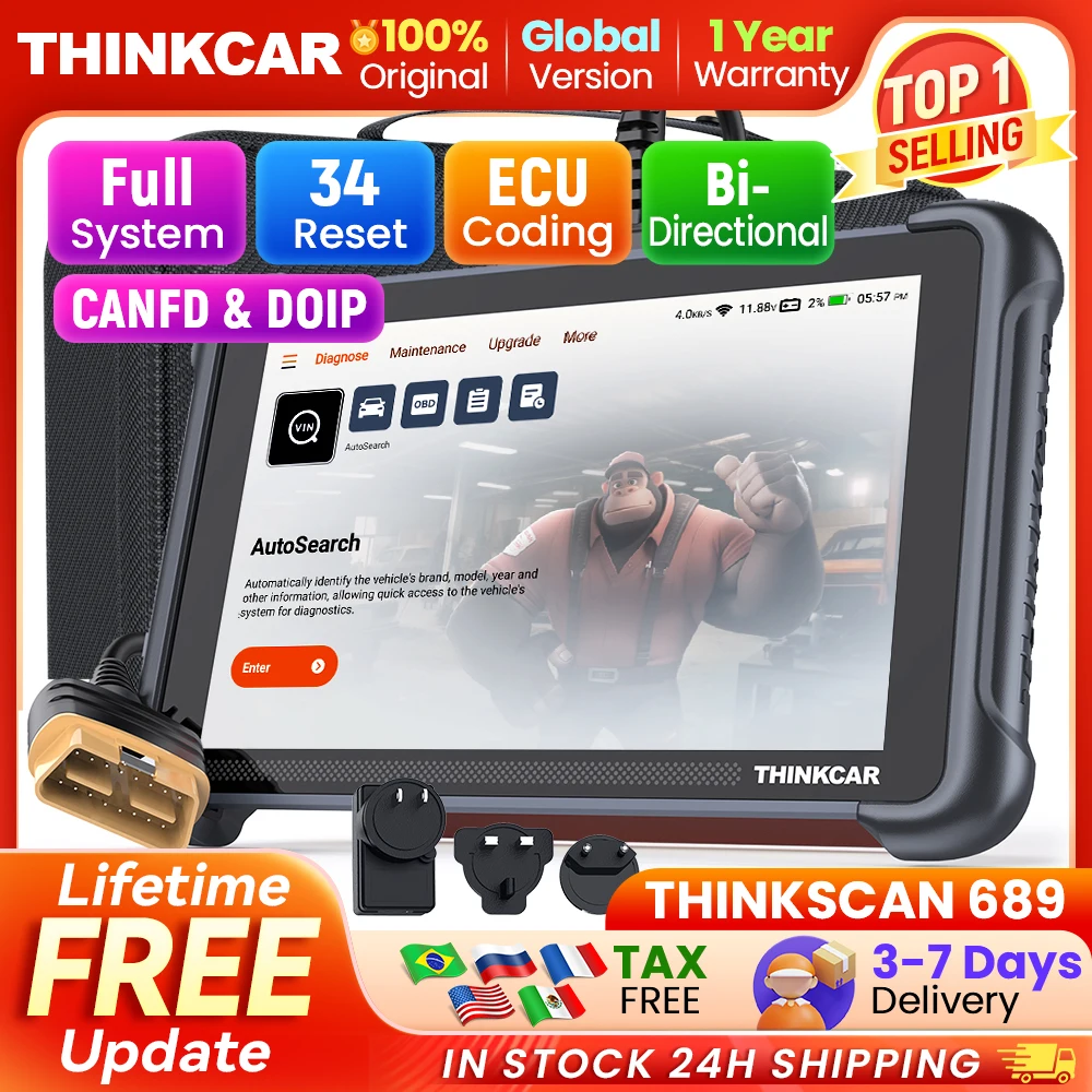 

THINKCAR THINKSCAN 689 Professional Car Diagnostic Tools CANFD DOIP Bi-directional ECU Coding 34 Reset Full System Obd2 Scanner