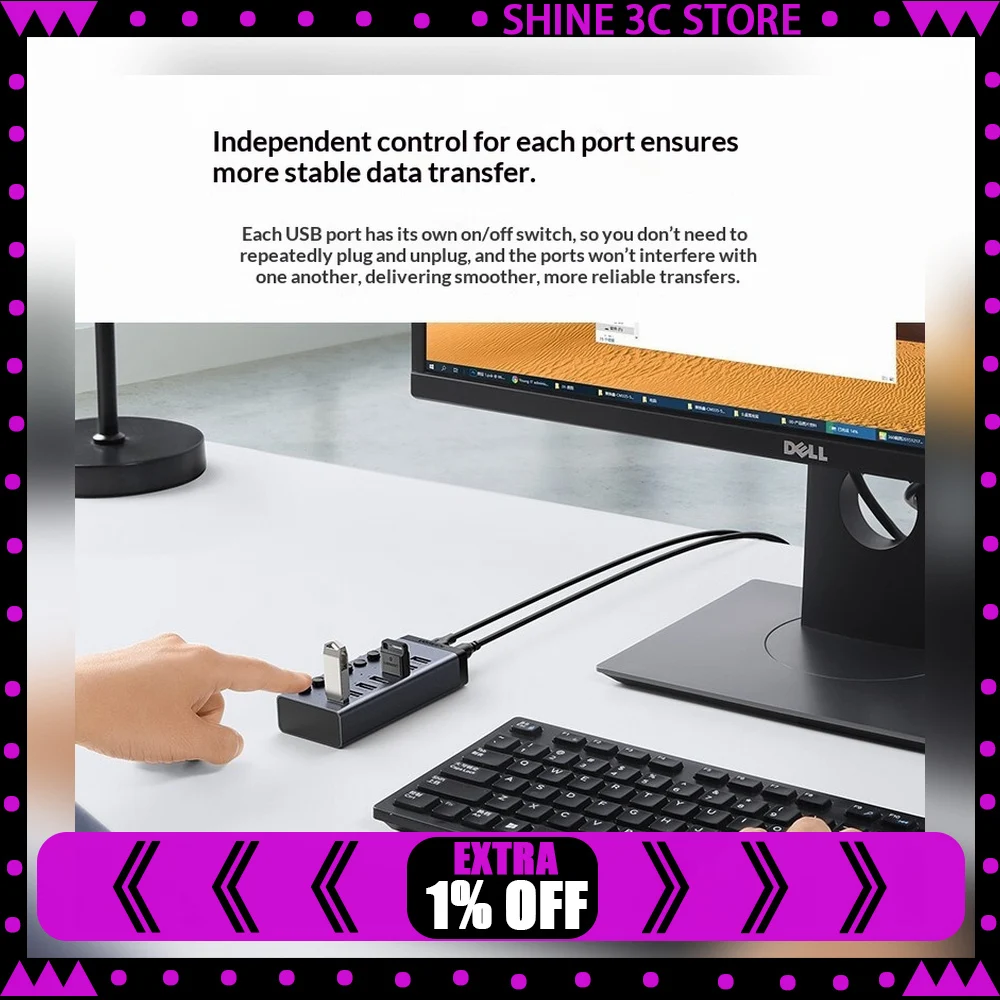 UGREEN 30778 CM481 USB 3.0 Hub 7 Port with Individual Switches 12V 2A Power Adapter USB Splitter for Laptop PC