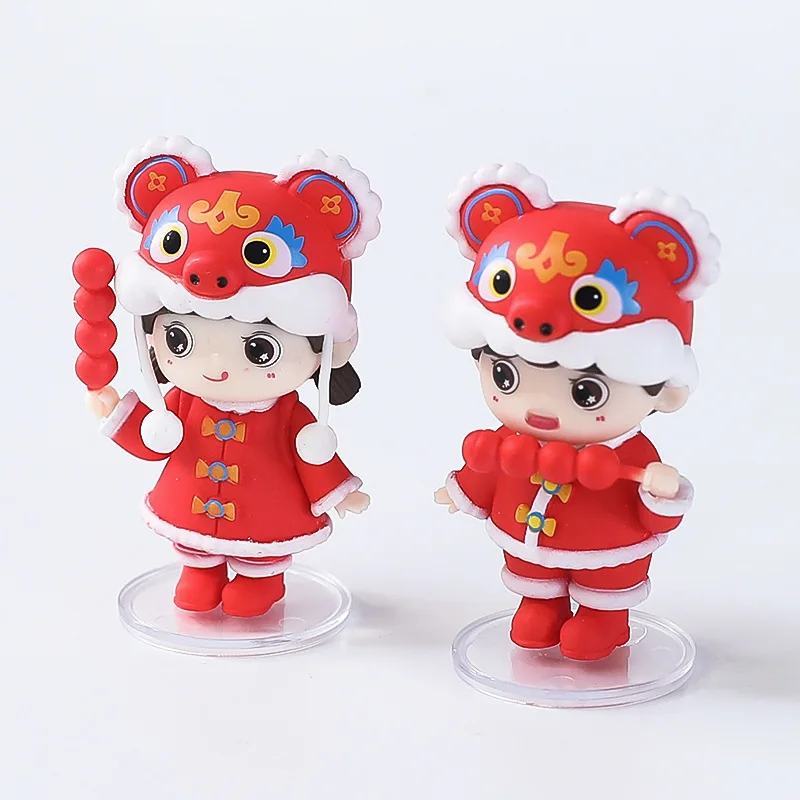 Figurines Miniatures New Year's Tiger Hat Boys and Girls Doll Home Decor Ornaments Chinese Baby's Weekly Cake Decoration Crafts