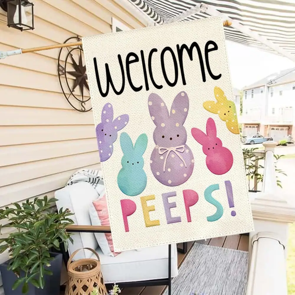 RABUSOFA Easter House Garden Flag 28x40 Inch Double Sided for Outside Large Burlap Polk Dot Welcome Peeps Holiday Bunny Yard yyi