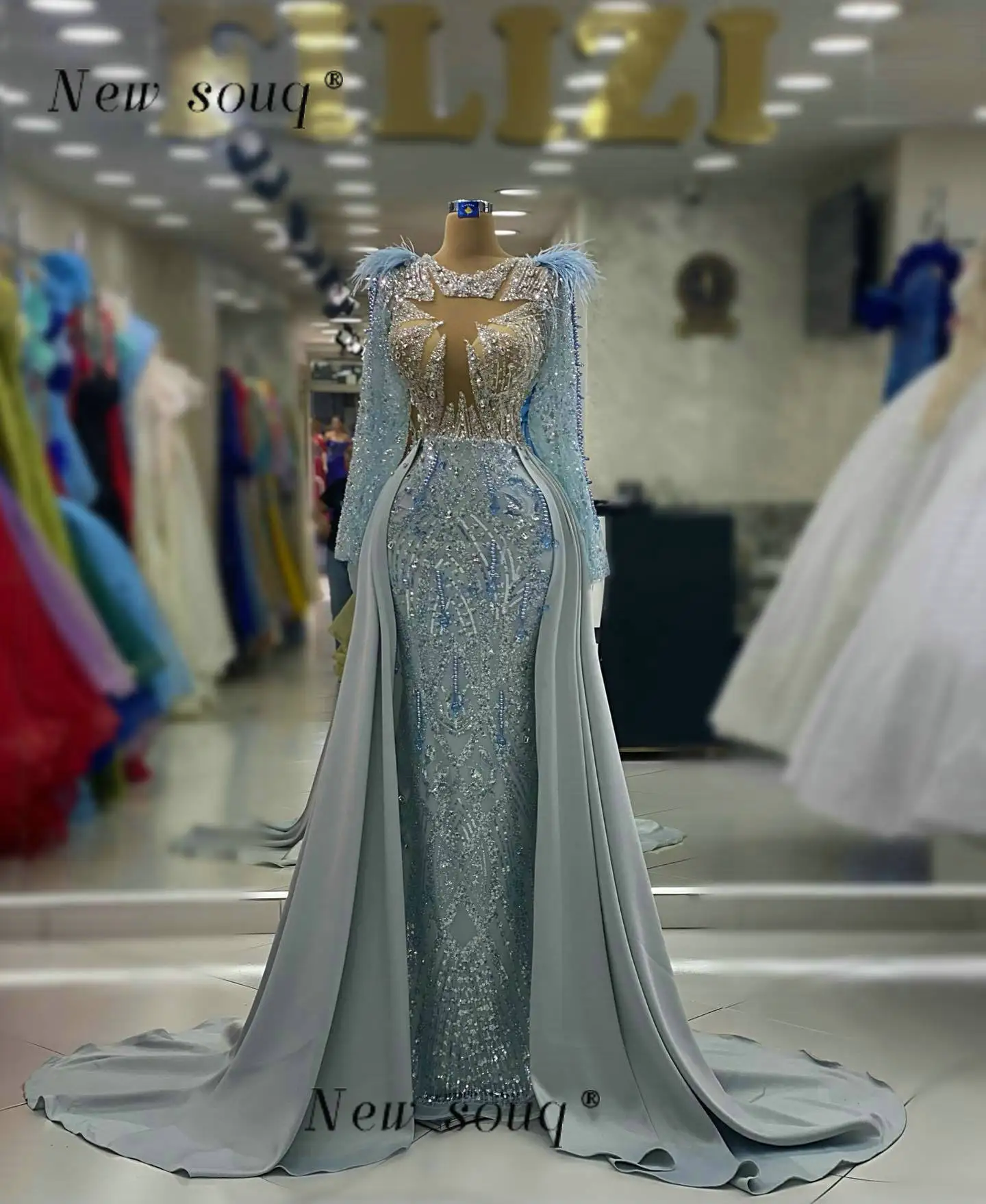 Sparkly Hemelsblauwe Zeemeermin Galajurken 2023 Voor Zwarte Meisjes Glitter Pailletten Veren Dubai Verjaardagsfeestje Gala Avondjurken