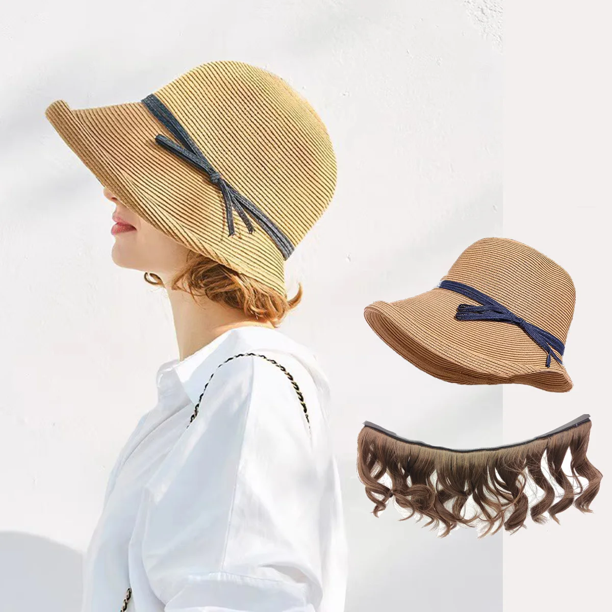 Stylish Women\'s Sun Hat Wig,UV Protection Straw Hat with Hair,Beach Cap Wig Short Wavy Hat Wigs for Summer