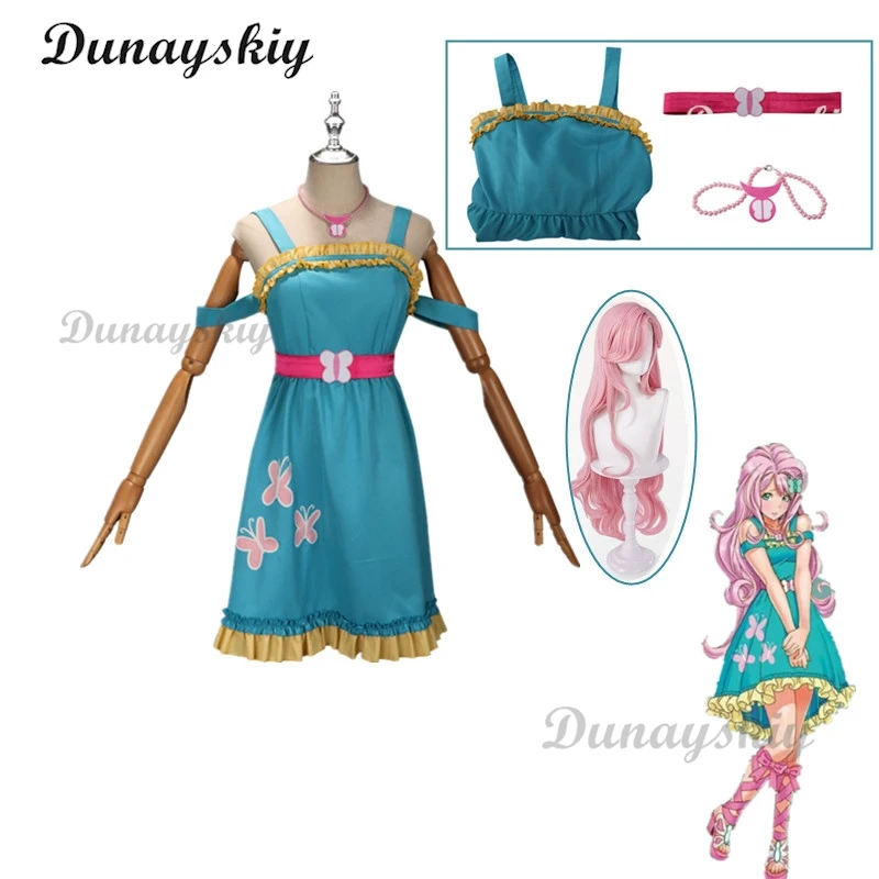 Anime Fluttershy Cosplay Costume Wig Green Blue Dress Halloween Blue Adult Custom Party Birthday Cosplay Carnival Daily Clothing