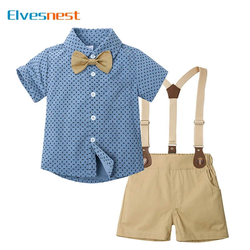 Summer New Clothes for School Children Cotton Short Sleeve Shirt Strap Shorts 2 PCS Fashion Children's Clothing 1-10 Years