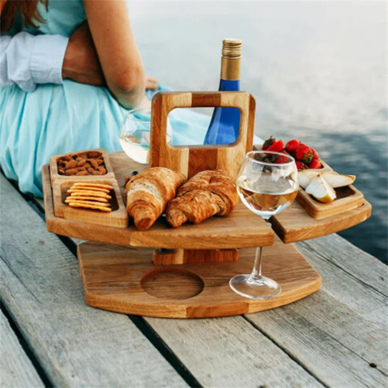 Wooden Folding Picnic Table with Glass Holder Round Foldable Desk Wine Glass Rack Collapsible Table Snack Tray for Garden Party