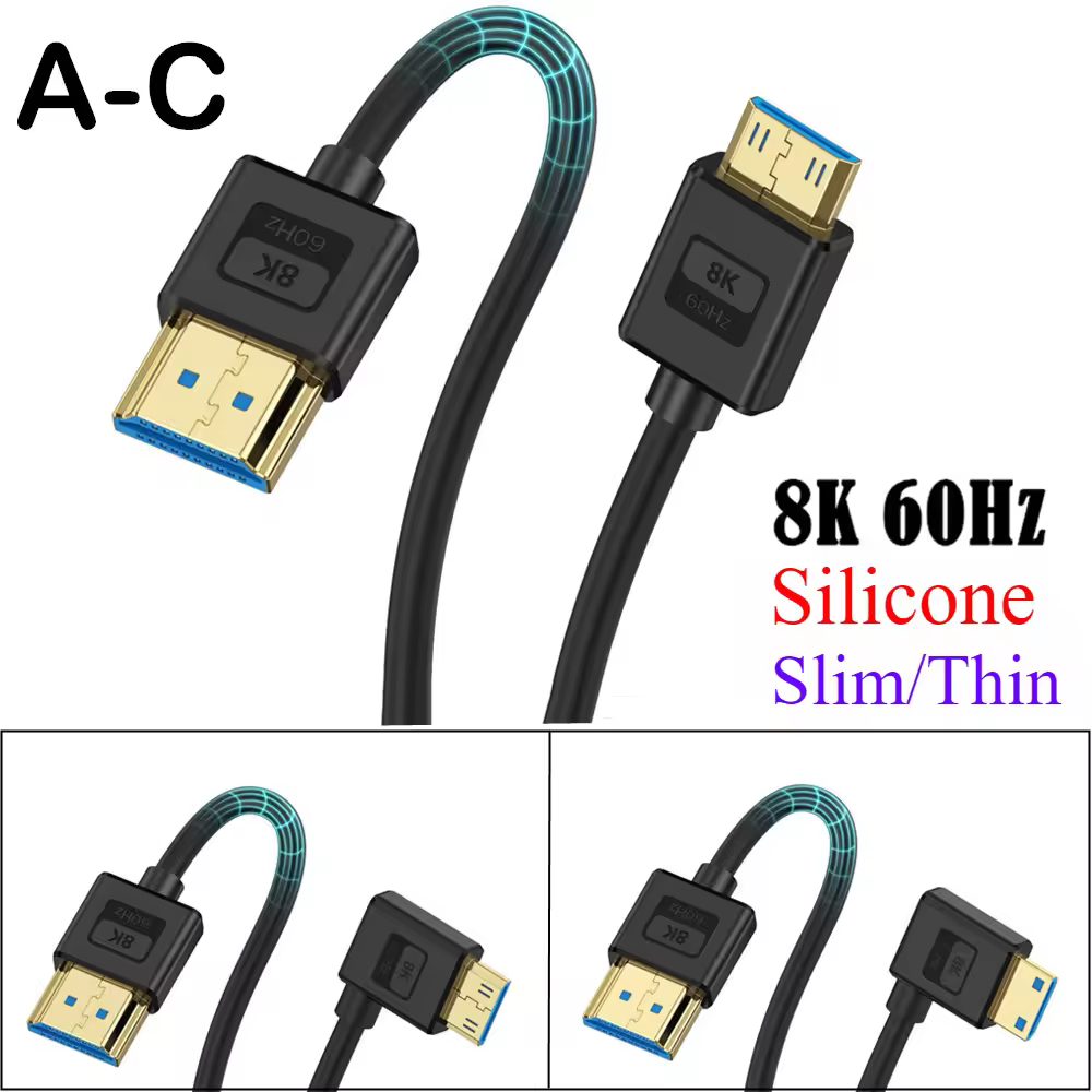Cabo de Silicone Ultra High Speed, Cabo Fino, Super Extreme Slim, Mini HDMI para HDMI 2.1V, 48Gbps, 4.8mm, 4K, 120H, 8K @ 60Hz