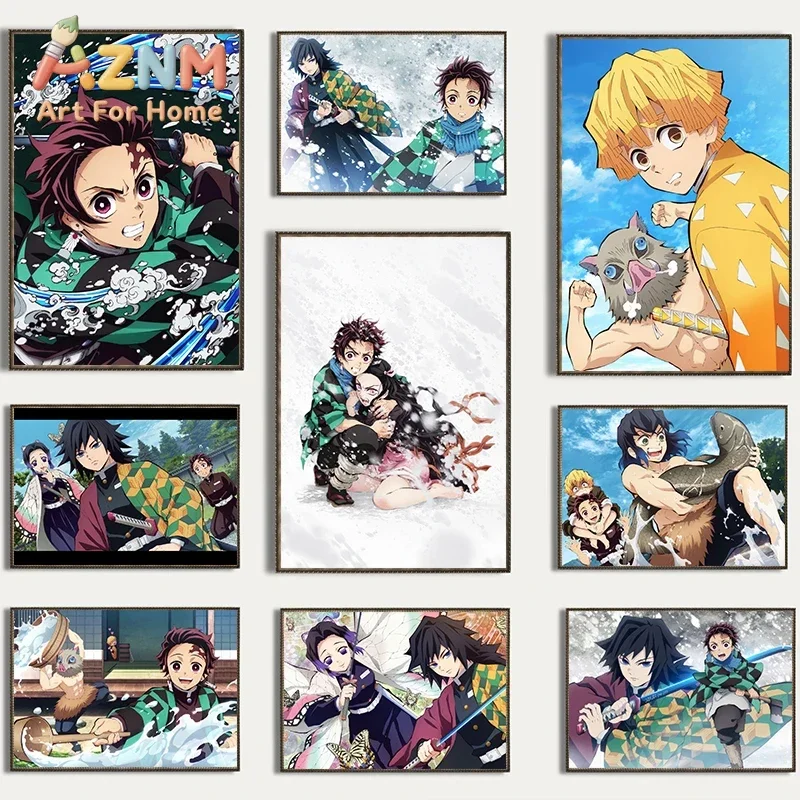AZNM Demon Slayer Anime Canvas Wall Art Tanjiro Nezuko Zenitsu Inosuke Character Canvas Print Bedroom Home Decor Poster