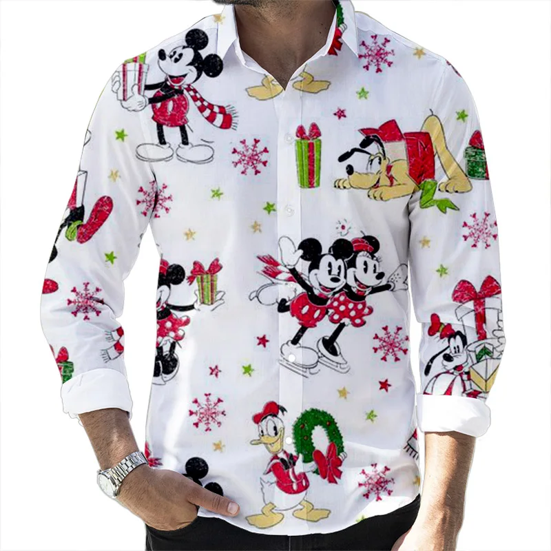 New Christmas Fall Popular Disney Brand Stitch and Mickey Anime 3D Printed Long Sleeve Lapel Shirt Slim Fit Men\'s Top y2k