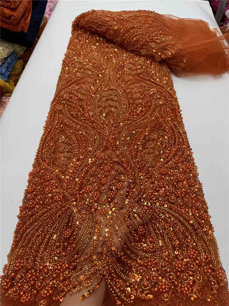 

France High-End Luxury Elegant Handmade Beaded Lace Fabric Nigerian With Sequins Beads Mesh Lace Fabric For Wedding Dress