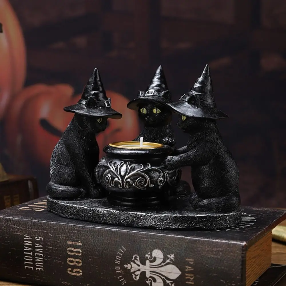 Easy to Carry Halloween Cats Candlestick Cartoon Handicraft Wizard Candle Holder Simple Cats Figurines Halloween Decor