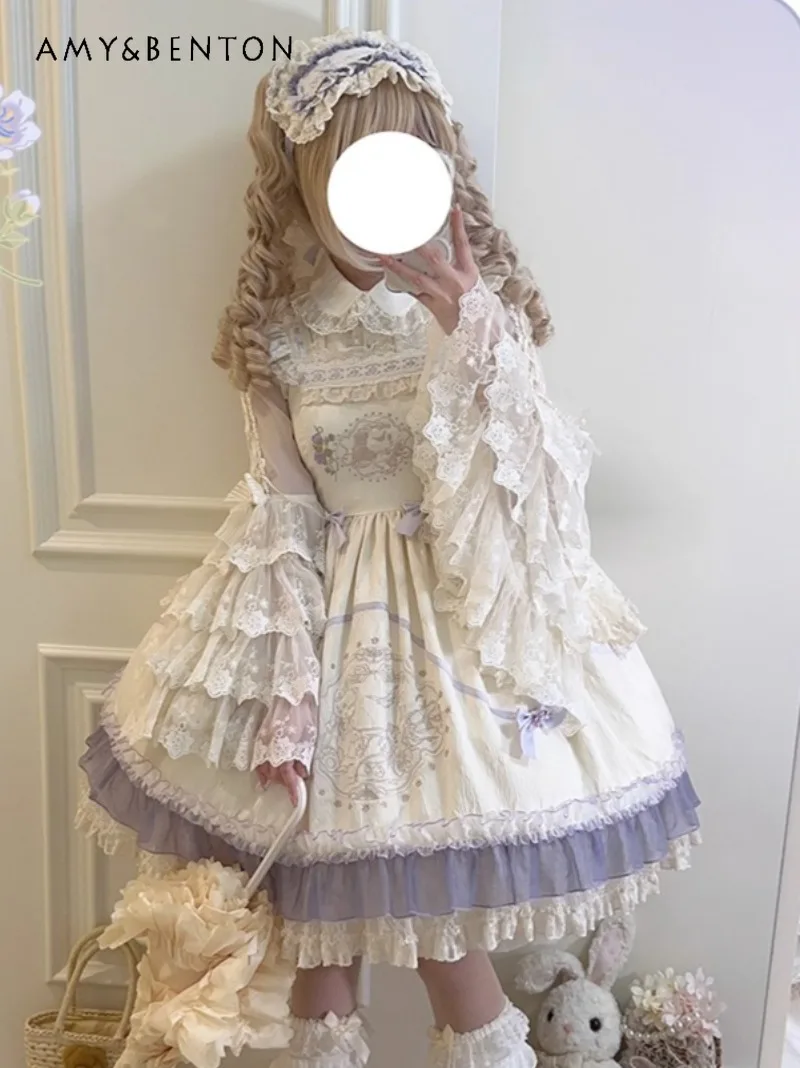 

Graceful Temperament Pastoral Style JSK Lolita Dress Flower Embroidery Sweet Girl Lace Patchwork Mini Mesh Dress Short Shawl