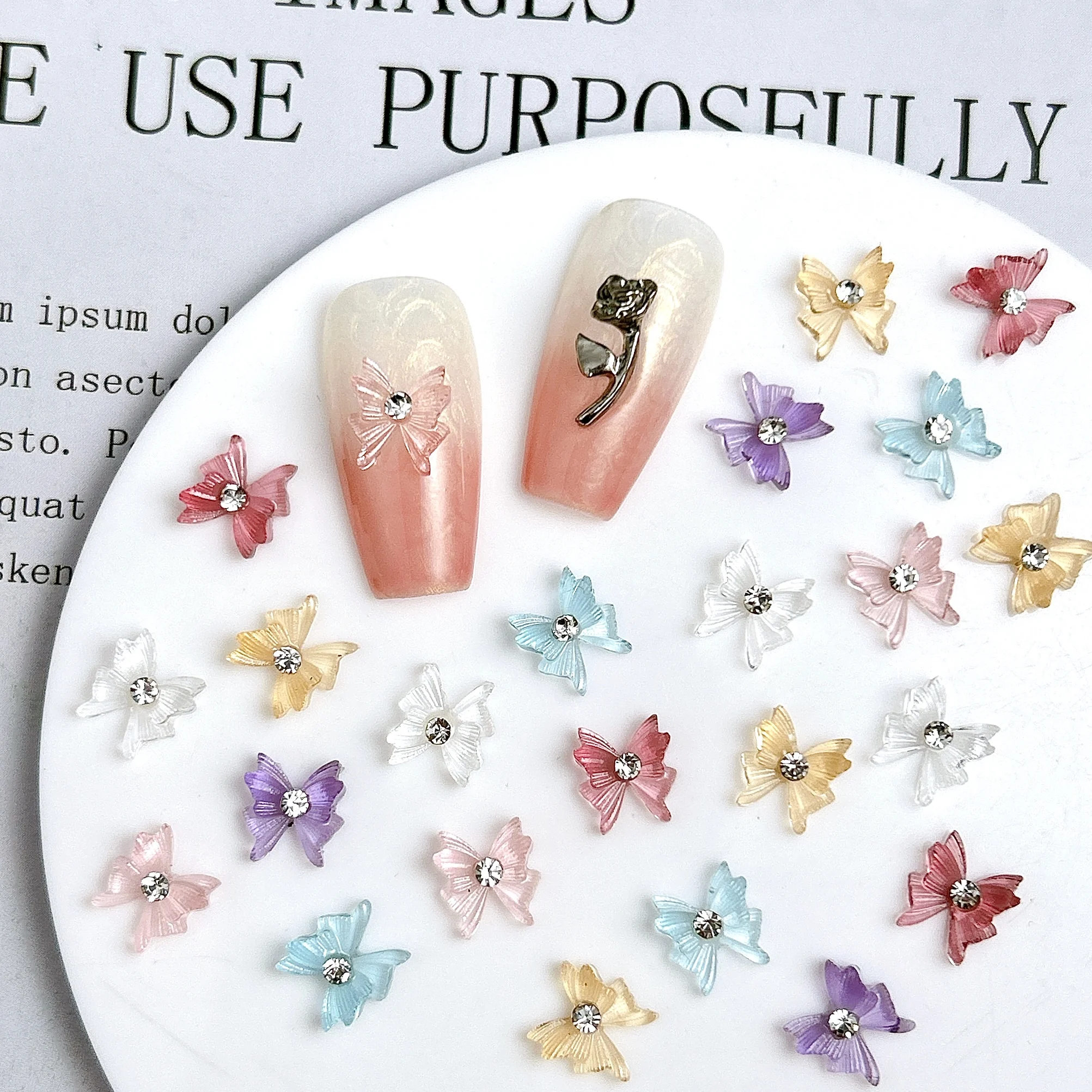 30PCS Ice Transparent Creative Bow Resin Nail Charms Colorful Butterfly Mini Rhinestones Inlaid Nail Art Decorations DIY Nails