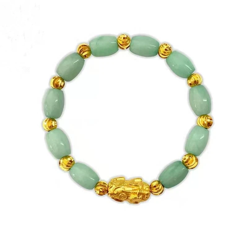 Nature Myanmar Jadeite Bangle Emerald Bead Amulet Bracelet With Golden Pi Xiu Bless Talisman