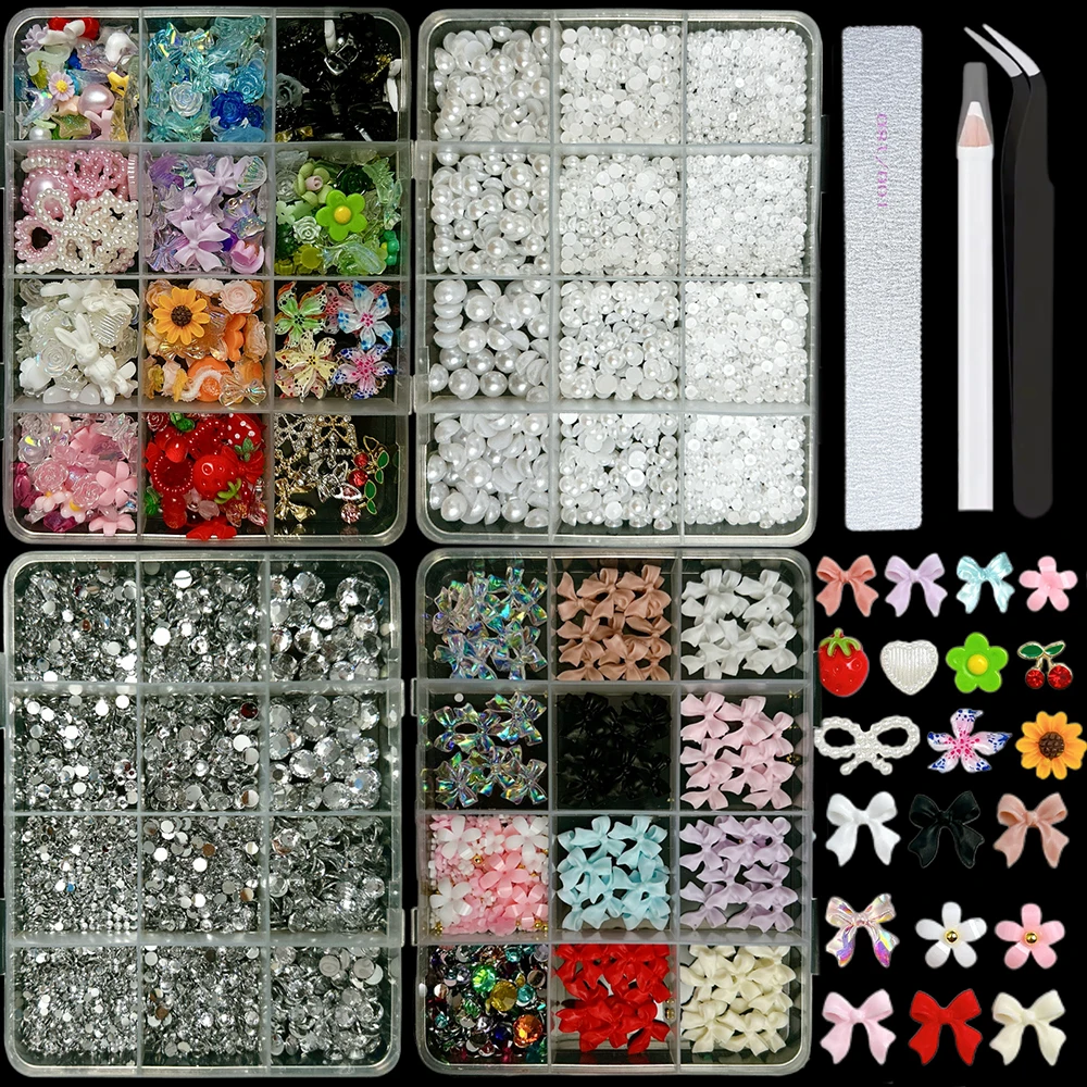 1 Juego de Mini diamantes de imitación coloridos, dulce lazo, flor, resina, dijes para uñas, aleación de perlas con parte posterior plana simulada, decoración artística de uñas de cereza DIY