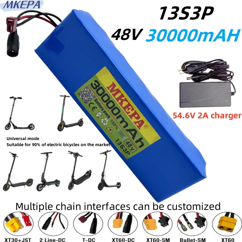 

54.6Velectric bicycle battery 48V 30Ah 18650 lithium-ion battery pack 13S3P bicycle 1000W and 54.6V 2A charger+customizable plug