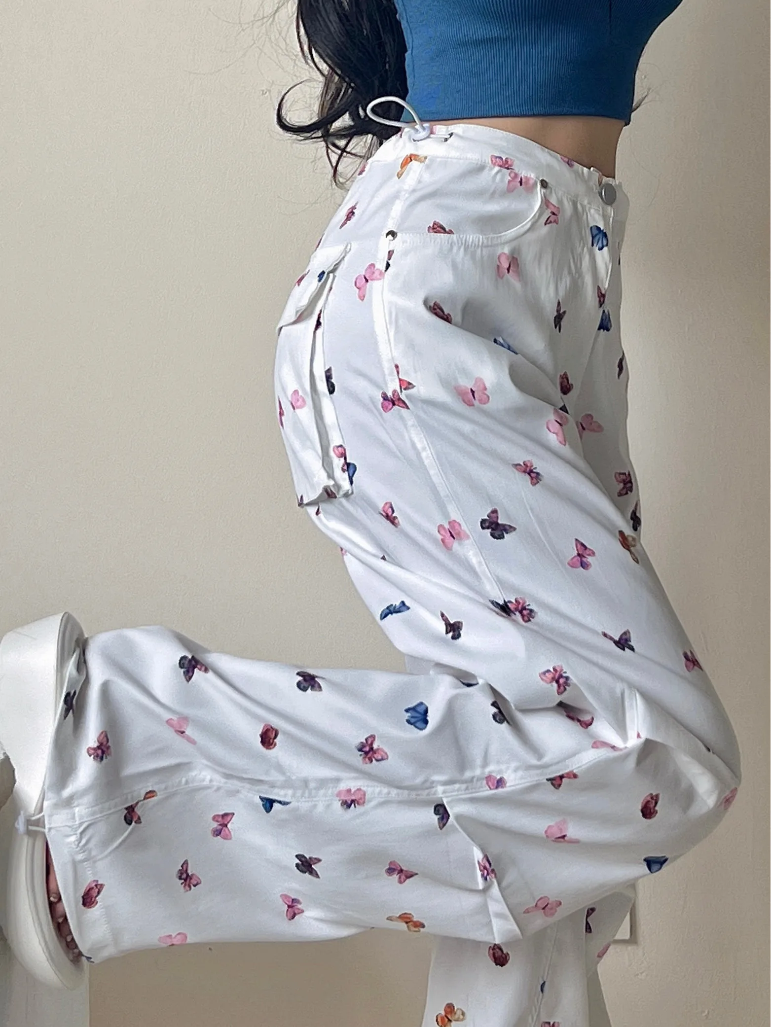 

Woman Sweet Butterfly Floral Print Casual Work Pants Female Summer High Waist Drawstring Women Loose Wide Leg Cargo Trousers