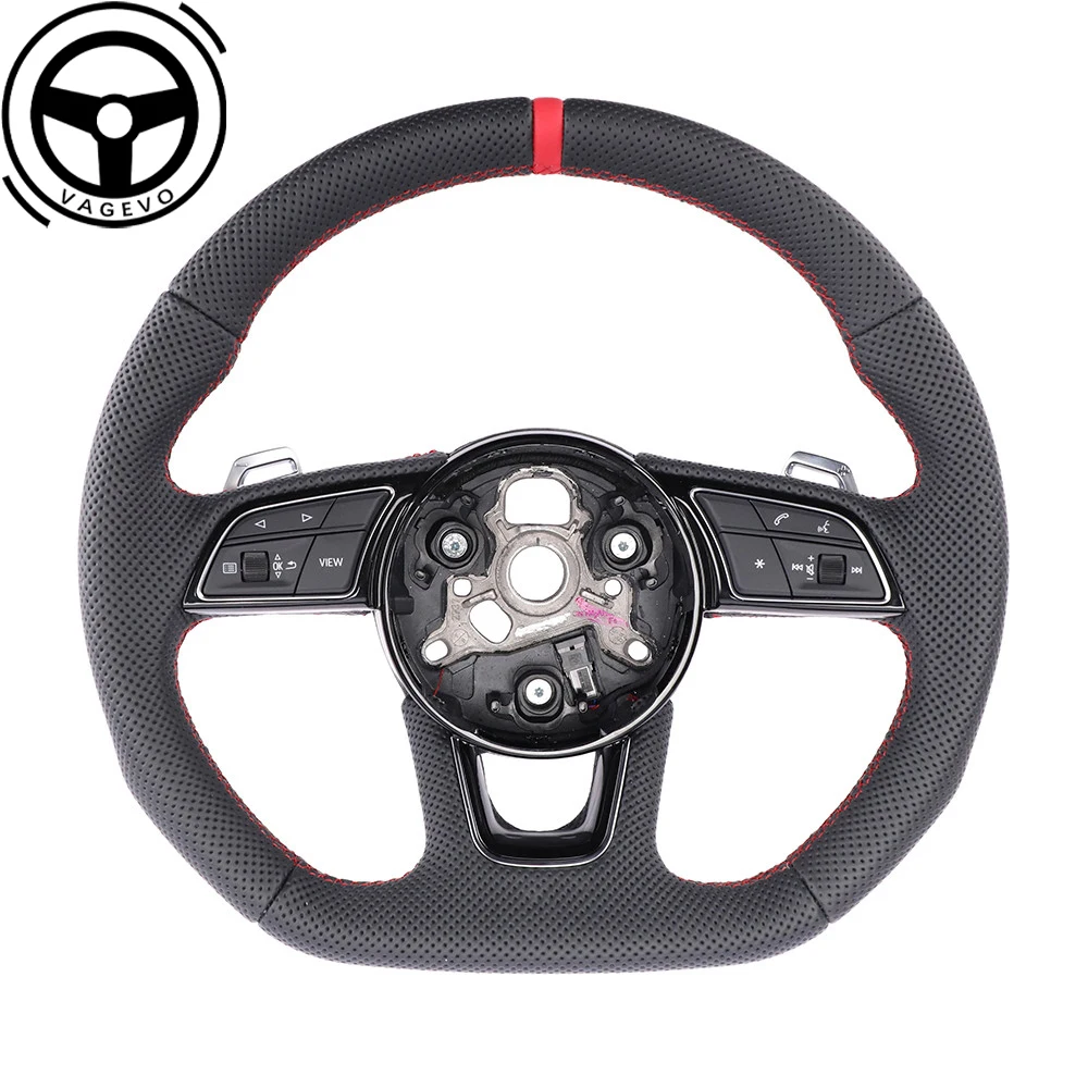 

For Audi A4 B9 S LOGO Red Stitching Fully Perforated Leather Multifunctional Steering Wheel With Hollowed Out Paddles