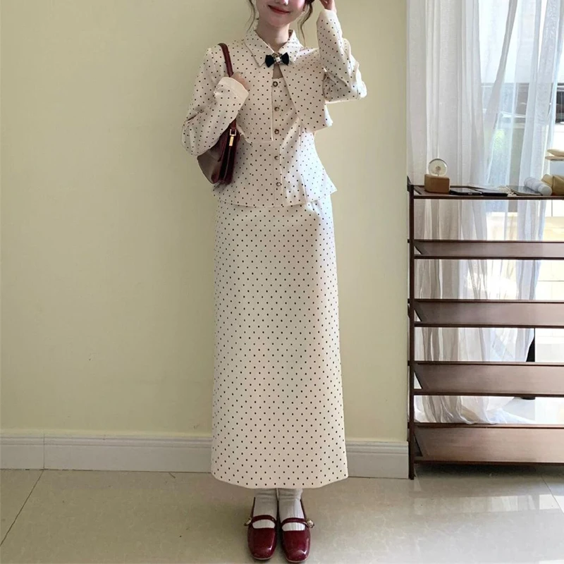 Women Stylish Vintage Polka Dot Print Outfits Bow Cute Sweet Luxury Chic Cropped Jacket Elegant High Waist Slim Long Skirt Sets