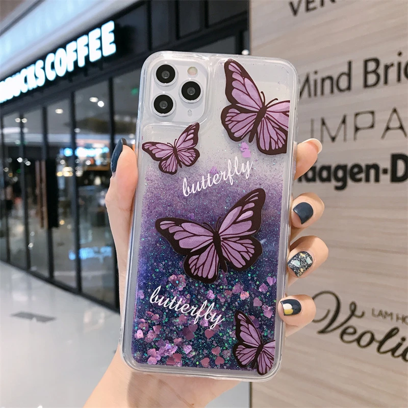 Butterfly Quicksand Cover for iPhone 14 15 Pro Max Plus Phone Case Glitter Purple Hearts Liquid Funda 16Pro 16 Moving Sand Shell