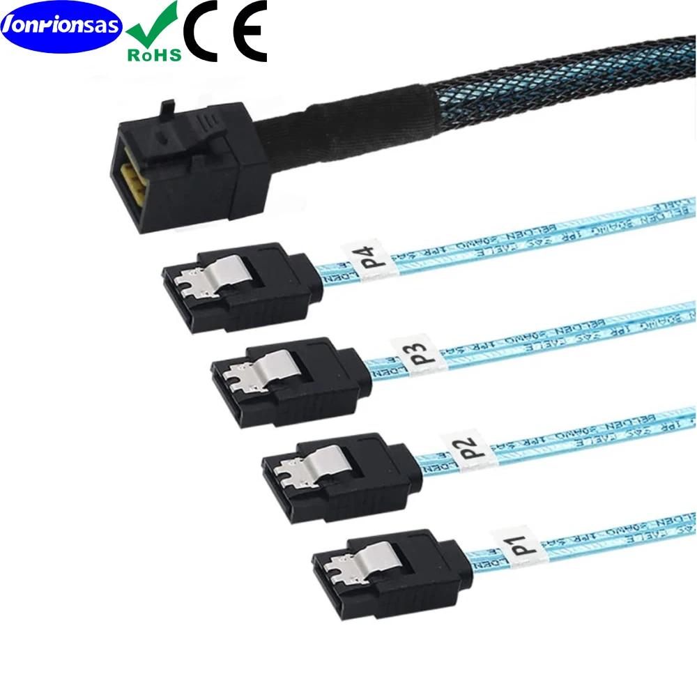 LONRIONSAS # Internal Mini kabel SAS HD SFF 8643 ke 4xSATA 7Pin kabel-kabel SAS Mini dengan Sideband, kompatibel dengan 12Gbps