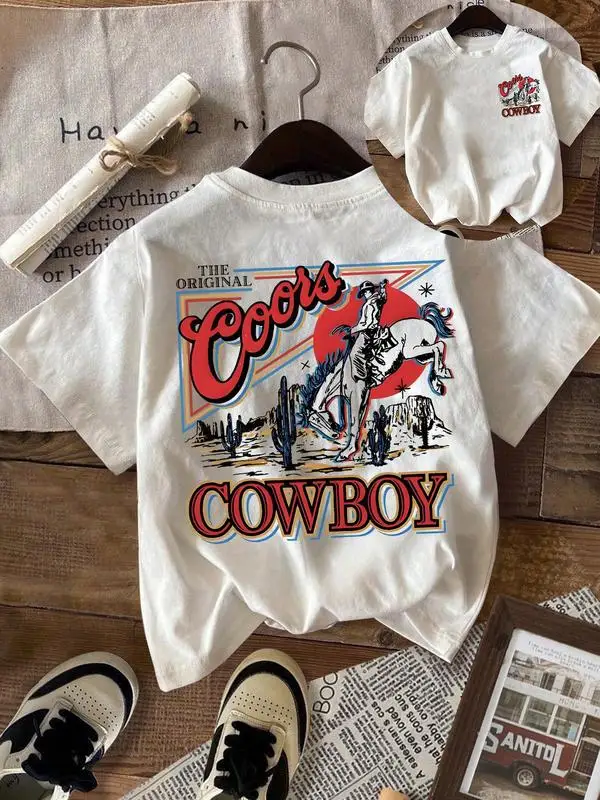 

Women's Vintage Cowboy & Letter Print Round Neck Tee, Casual Short Sleeve T-shirt for Daily Wear, Ladies Summer Outfit, Top