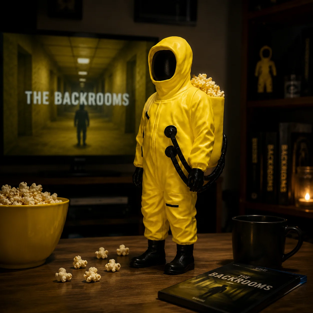 Movie The Backrooms Popcorn Bucket Yellow Wanderer Figure Horror Film Collectible Figurine Desk Decor Storage Bucket for Fans