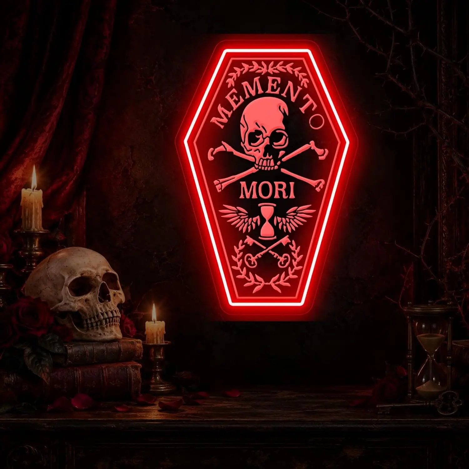 Memento Mori Neon Sign Coffin Skull LED Neon Light USB Wall Lamp Gothic Halloween Party Home Bar Bedroom Wall Art Decor Gift