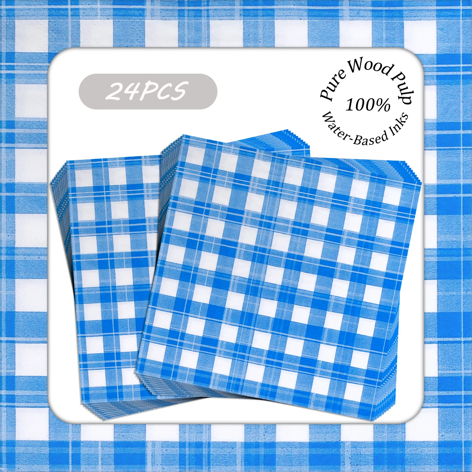 

24pcs 33x33cm 2-Ply Printed Paper Napkins Blue Gingham Check Design Pure Wood Pulp Disposable Table Napkins for Picnic Parties