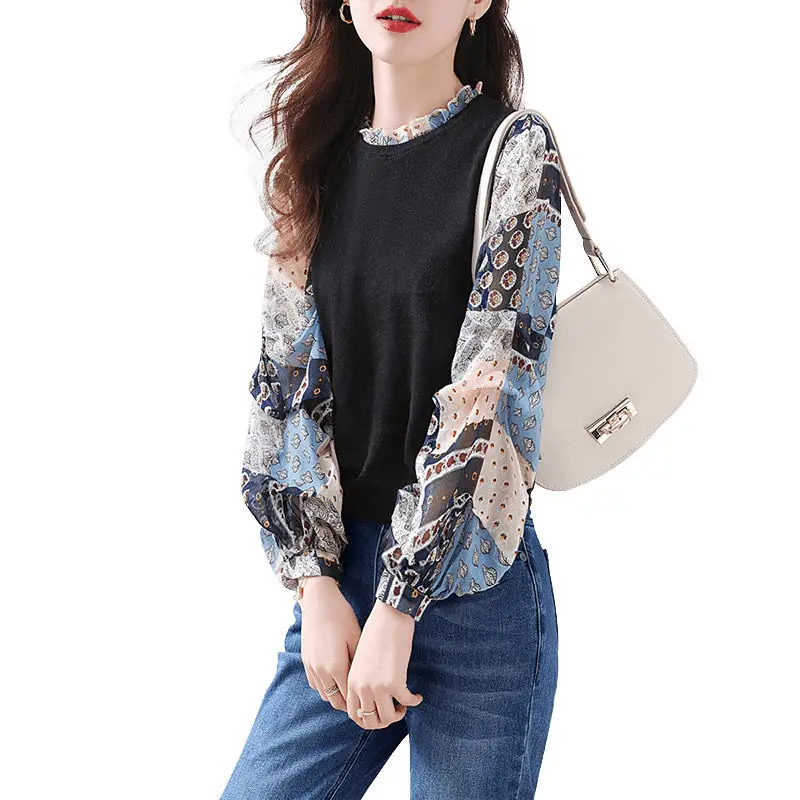 Vintage Printed Spliced Ruffled Neck Lantern Sleeve Oversized Chiffon Shirt Casual Pullovers Commute Fashion Woman Blouses 2022