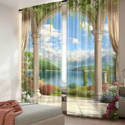 2Pcs Italian Curtain Old Stone Arch View The Sea Balcony Fresco Garden Plants For Bedroom Living Room And Dining Room