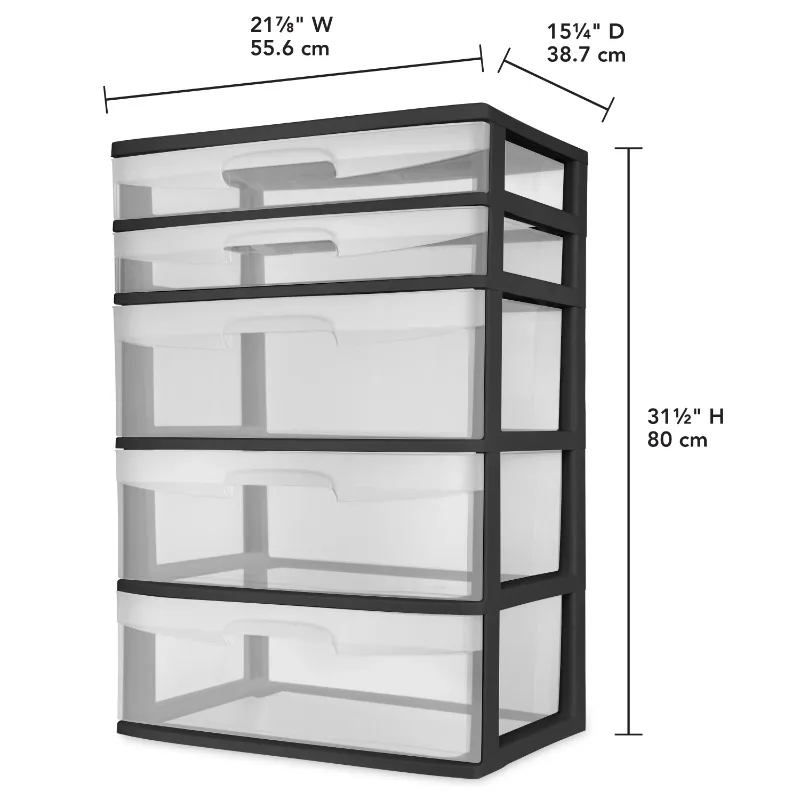 Plastic 5 Drawer Wide Tower Black,Clear drawers allow contents to be easily identified