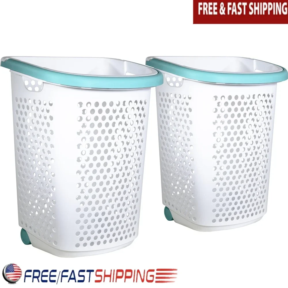 

2 Bushel Rolling Laundry Hamper with Pop-up Handle Wheels College Essential Mobile Storage Basket Clothes Sports Gear Toys