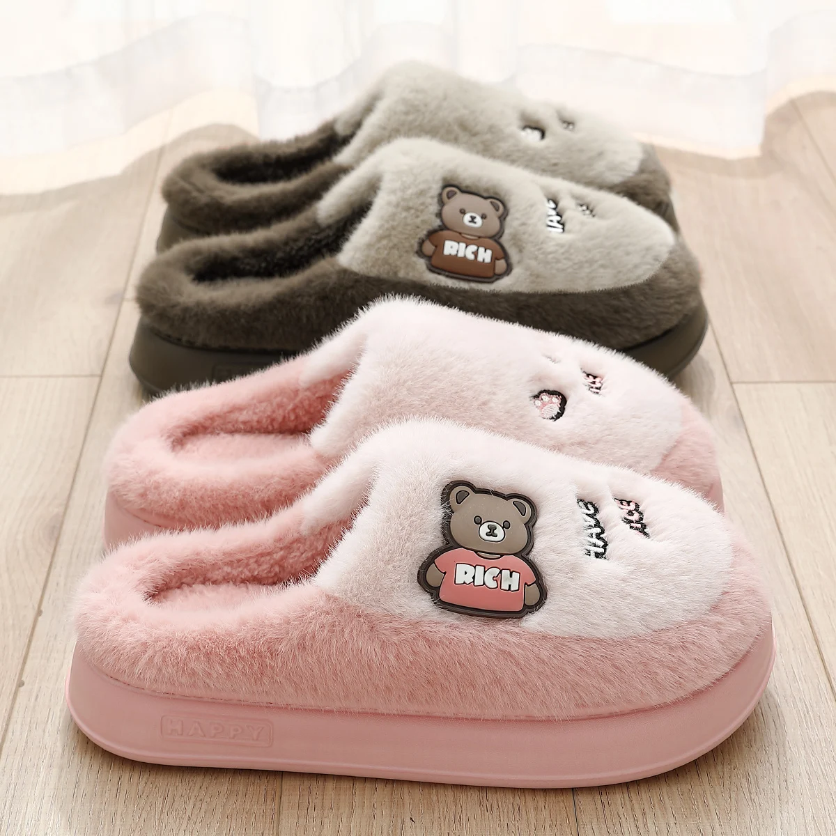 Winter Warm Cartoon Letter Bear Women Furry Slippers Fashion Thick EVA Sole Couple Men Home Cotton Plush Shoes