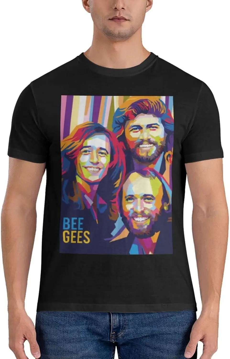 تي شيرت Bee Music Gees للرجال بأكمام قصيرة مخصص، تي شيرت برسومات عصرية، ملابس علوية كاجوال رائعة باللون الأسود المتوسط