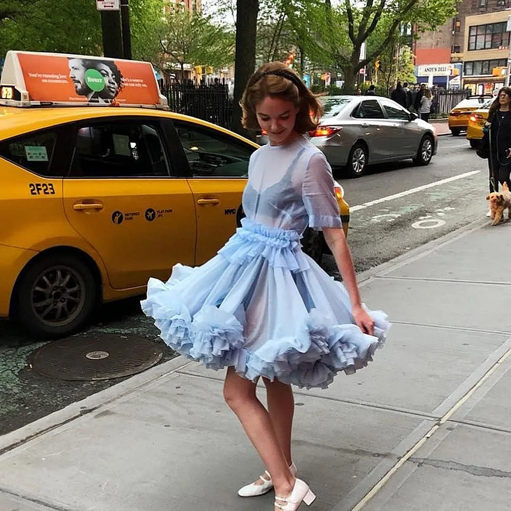 

Небесно-голубое прозрачное женское платье с короткими рукавами, круглым вырезом, оборками в стиле ТУТУ, для девочек, для танцев, праздников, пляжа, дня рождения