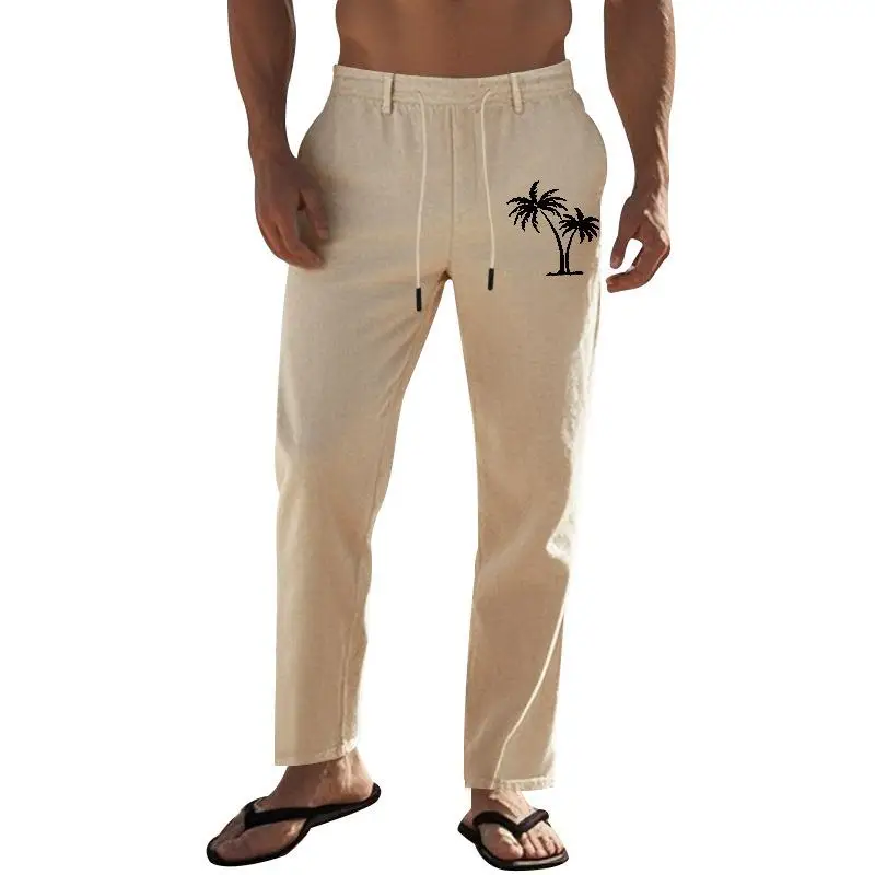 American Retro Men's Coconut Tree Print Cotton Linen Loose Casual Sports Long Pants Breathable Comfortable Straight Leg Trousers