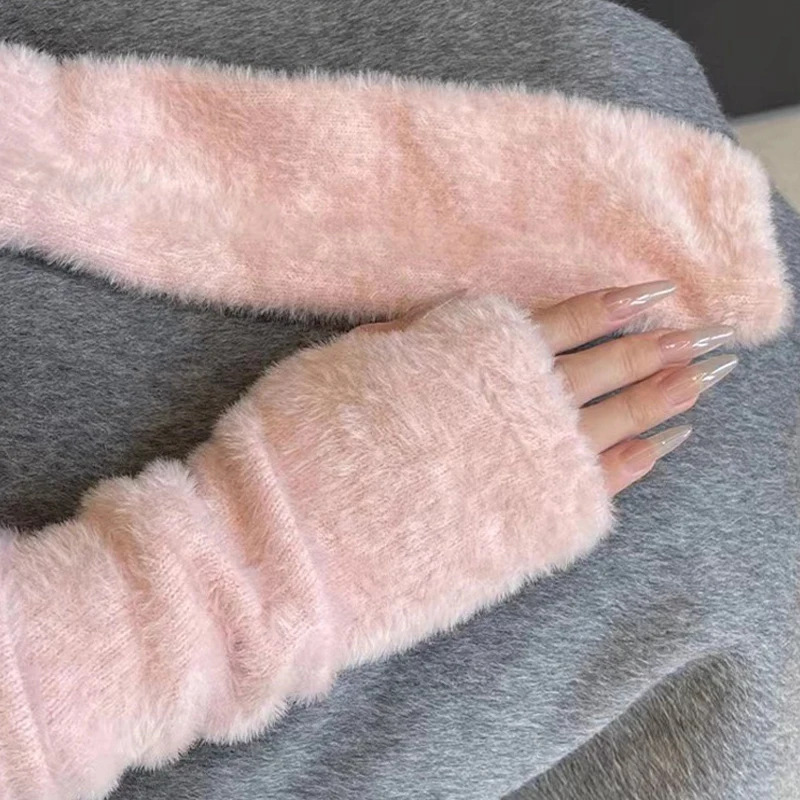 

Women's Gloves Soft Waxy Plush Half-finger Gloves Sleeves Cute Day Long Sleeve Gloves Thickened Fashionable Mittens For Girl
