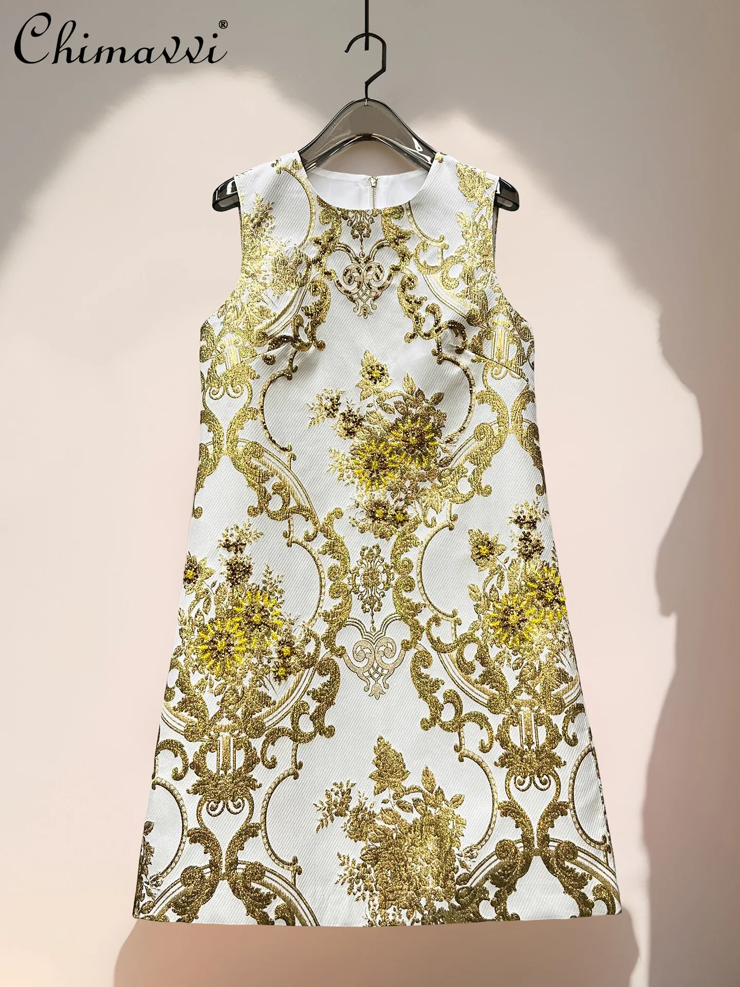 

2026 Summer French Elegant Fashion Heavy Industry Beading Gold Embroidery Round Neck Sleeveless Luxury Short Dresses for Women