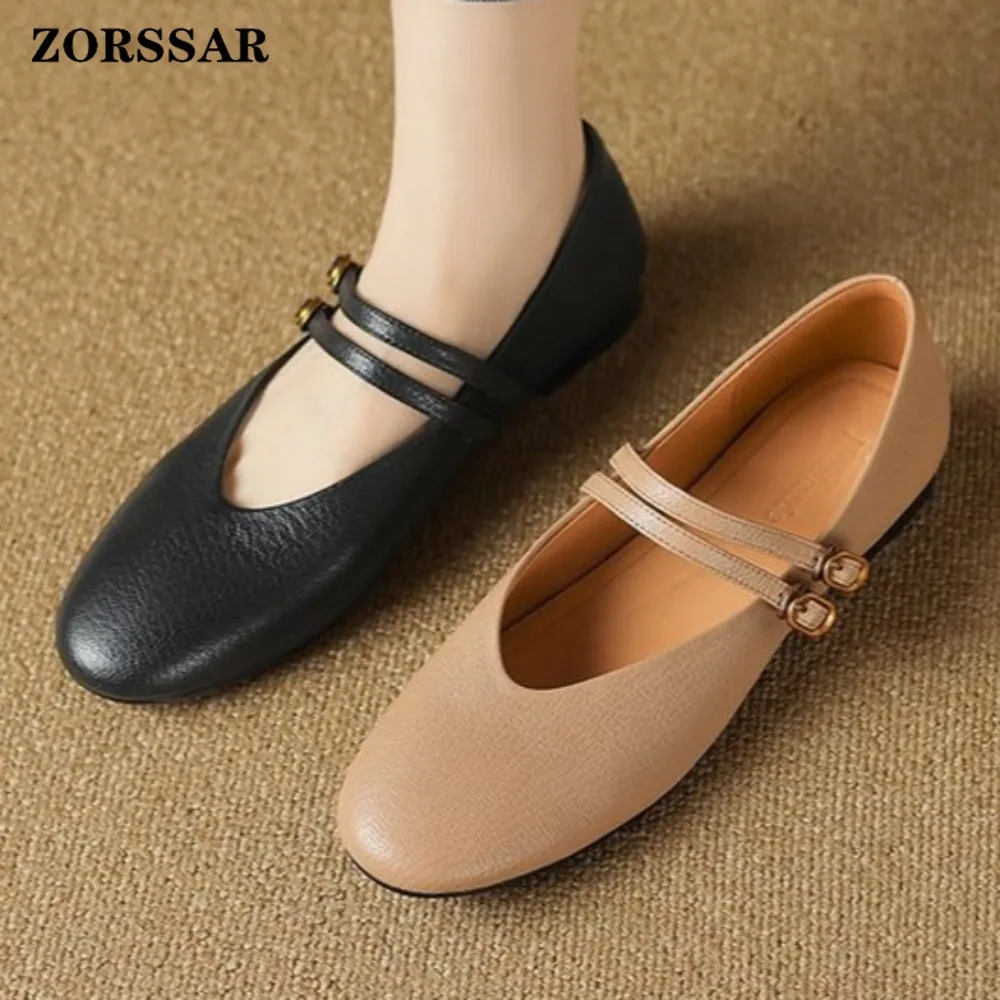 

Women's Genuine Leather Mary Jane Flats Square Toe Double Buckle Strap Low Heel Comfortable Vintage Office Daily Wear Dress Shoe