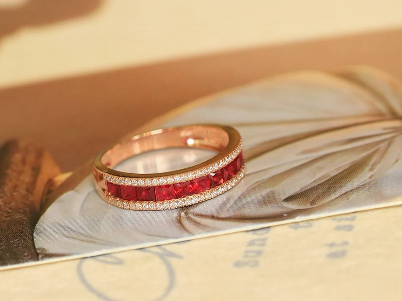 LUOWEND 100% 18K Rose Gold แหวนเพชรเงาแหวนทับทิมธรรมชาติหรูหราคลาสสิกออกแบบเครื่องประดับอัญมณีสําหรับผู้หญิง